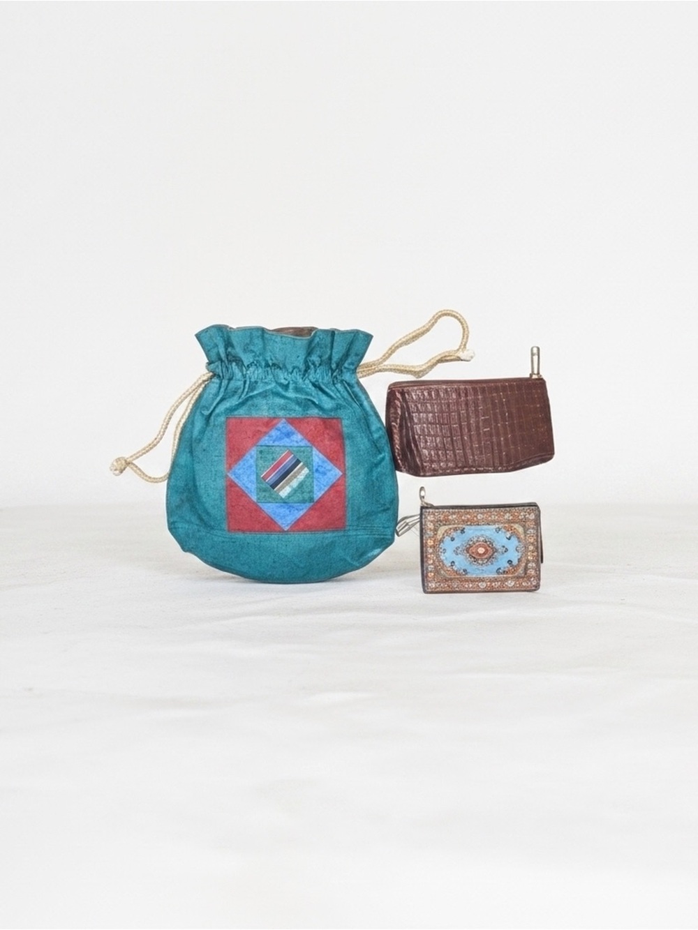 Trio of Bags: Cloth Satchel, Estée Lauder Clutch, Turkish Coin Purse
